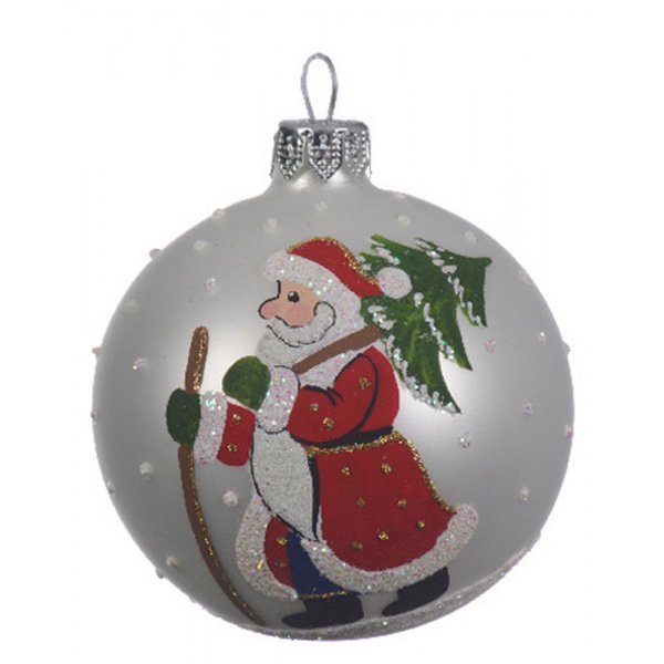 Χριστουγεννιάτικη Γυάλινη Μπάλα Λευκή με Άγιο Βασίλη - Μαγκούρα (8cm)